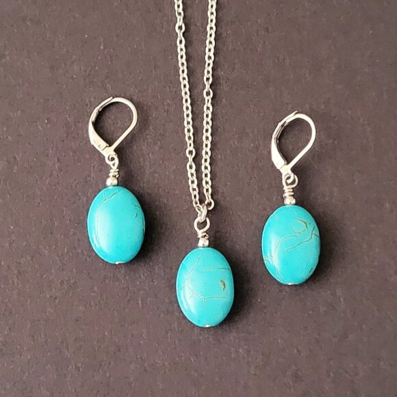TURQUOISE HOWLITE Stainless Steel Gemstone Chain Necklace 18" Earrings SET - Picture 2 of 9